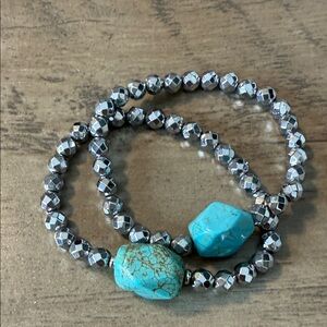 Turquoise and Silver Electroplated Hematite Mala Beaded Bracelet - 1PC NEW